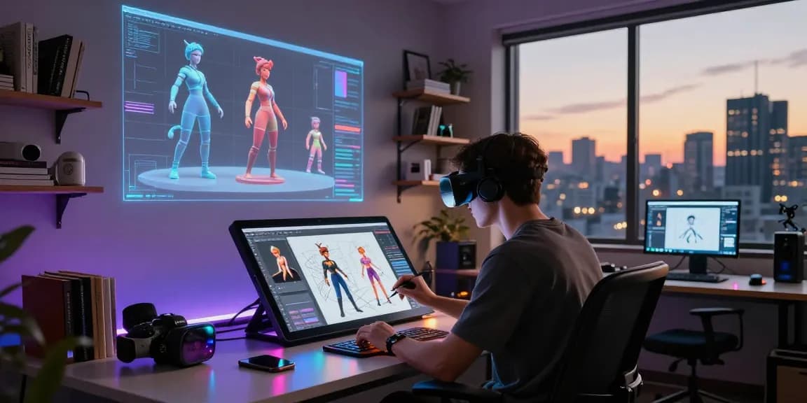Dynamic NSFW AI creation scene with artist designing customizable characters in a futuristic digital workspace.