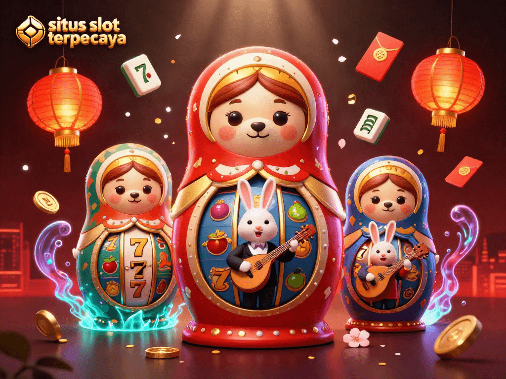 Permainan di situs slot terpercaya dengan karakter beruang Matryoshka dan elemen kasino menawan.