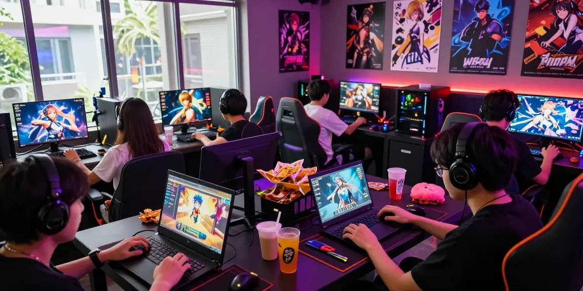 Engaged friends enjoying popular hentai games in a vibrant gaming lounge.
