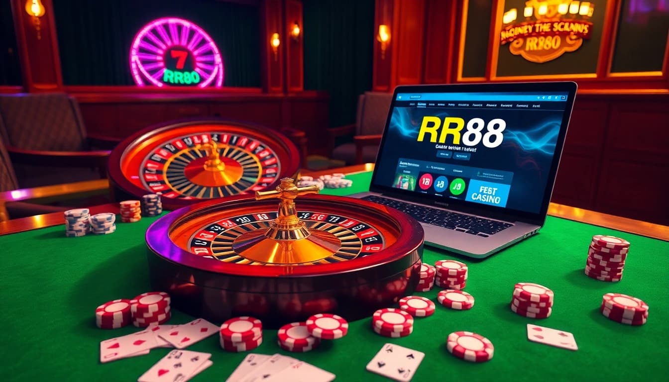 Winning at RR88 with roulette and poker chips in a vibrant casino setting.