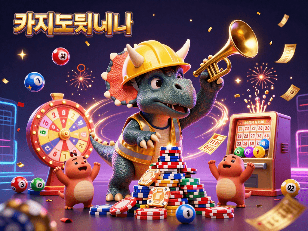 카지노사이트에서 3D 공룡 캐릭터들이 경품과 함께 축하하는 모습
