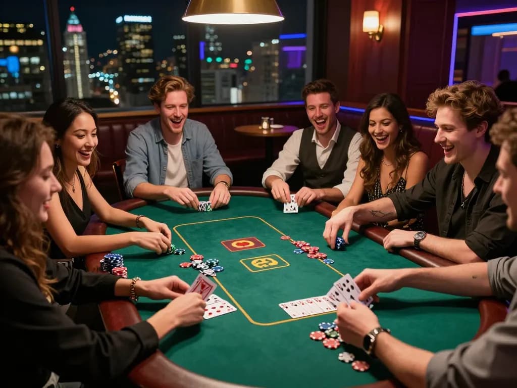 Friends enjoying a lively poker game at RR88, showcasing strategic betting and camaraderie.