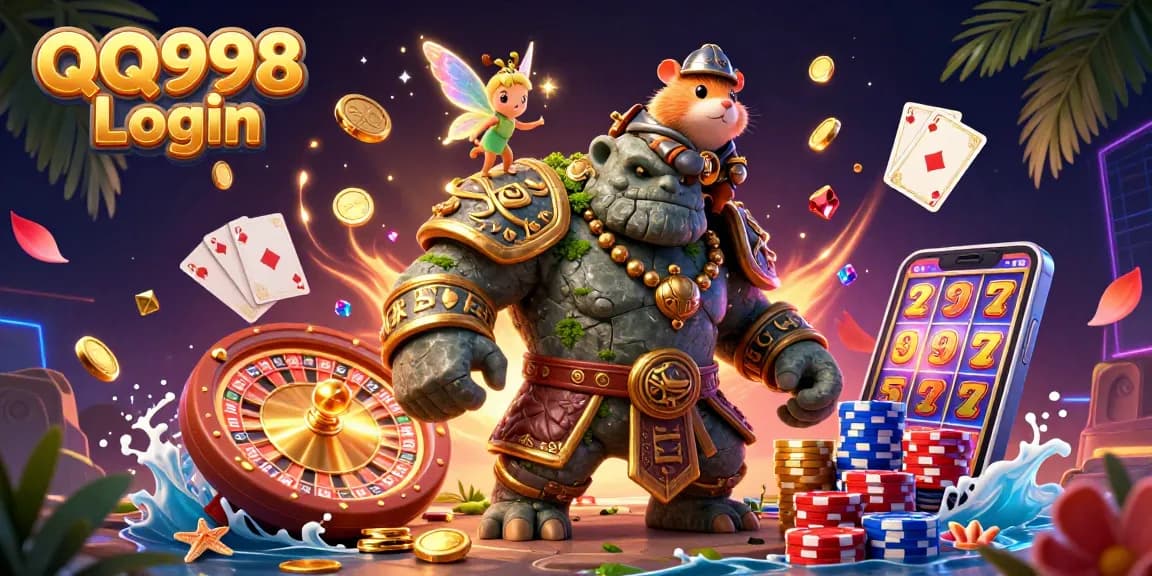 Engage with QQ998 Login for exciting online gaming, featuring dynamic characters and vibrant casino elements.