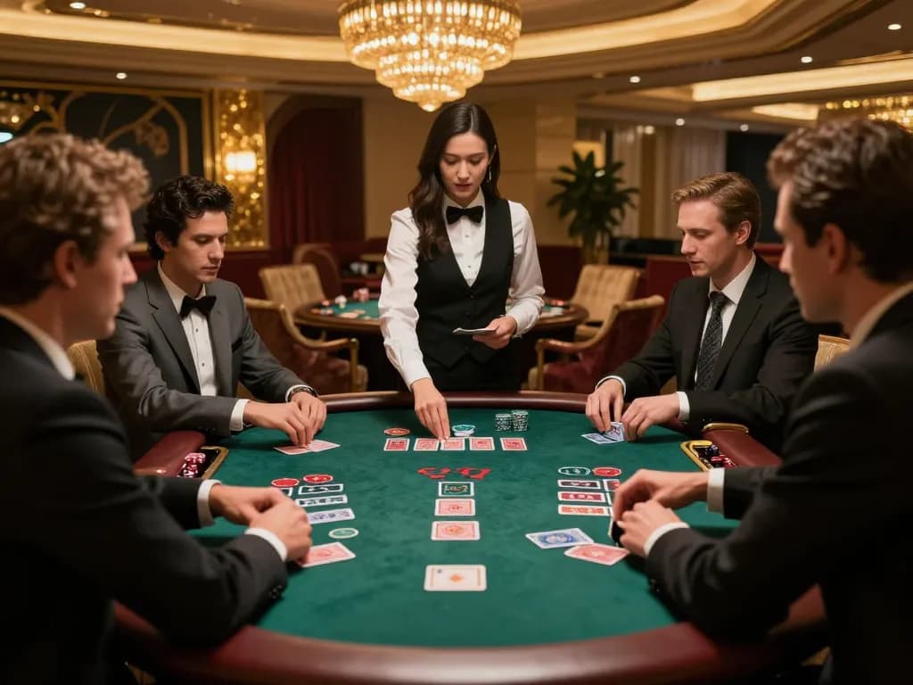 Hello88 players strategizing at a luxurious blackjack table in an upscale casino environment, excitement evident in their expressions.