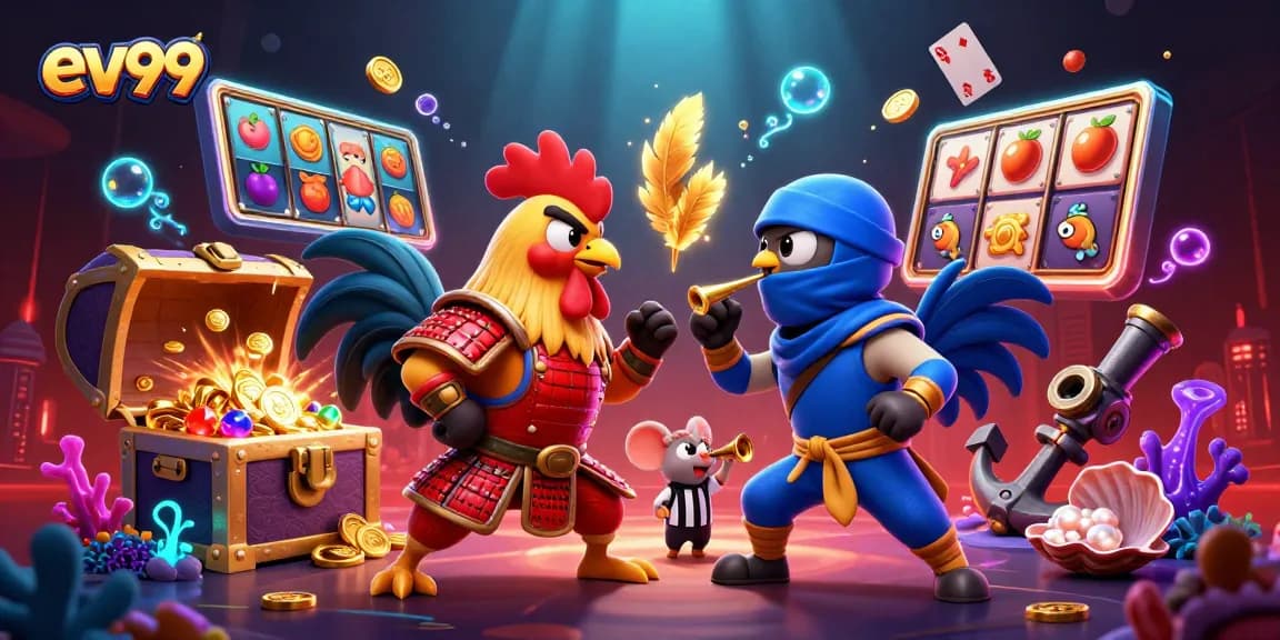 Experience ev99 action with cartoon roosters battling amid vibrant casino elements and treasures.
