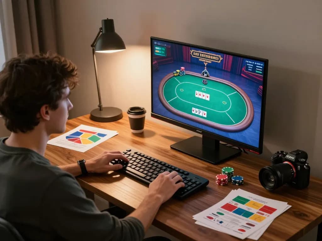 Person plays poker on nhacaiuytin website, showcasing online gaming strategy and engagement.