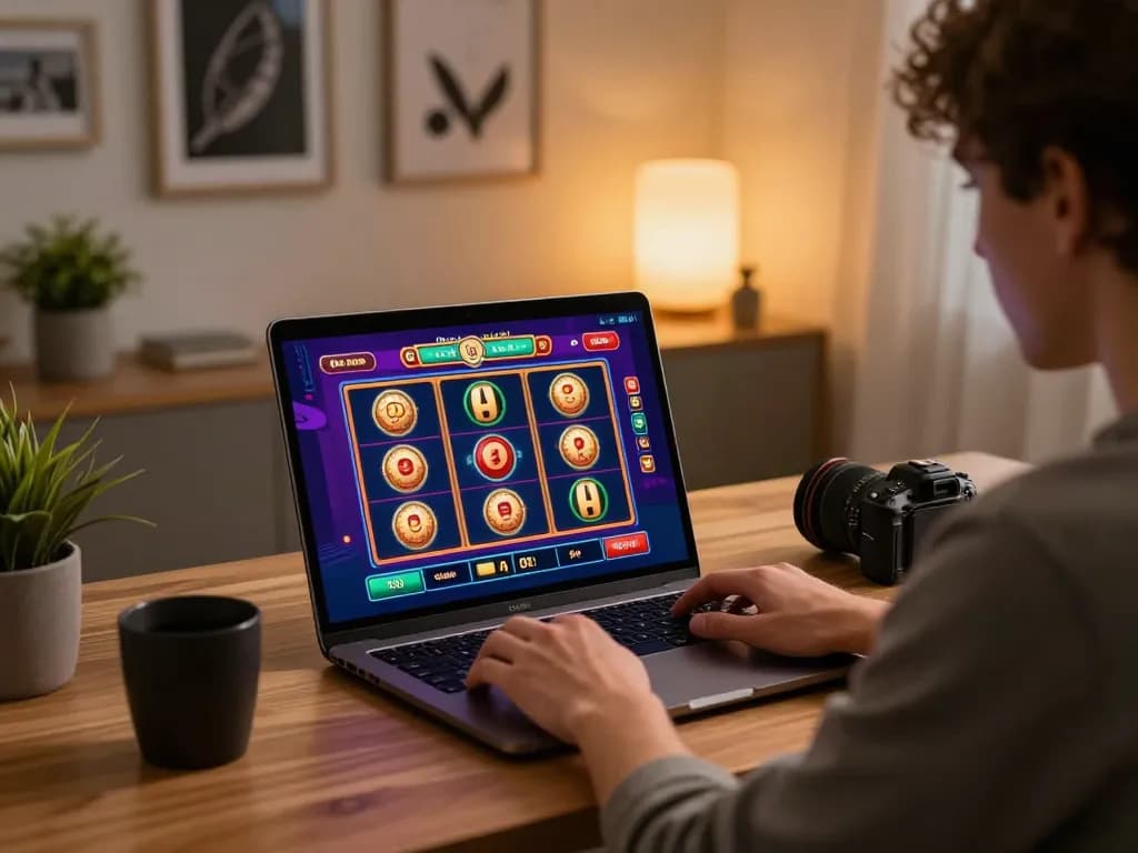Player focuses on situs slot online game on laptop in stylish home office, enhancing strategic gaming experience.