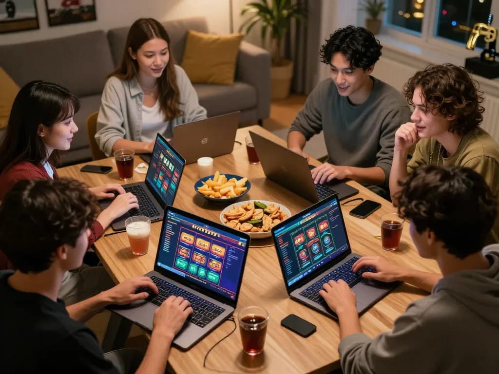 Friends strategizing their LC88 online casino gaming session in a lively home setting