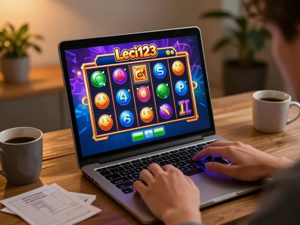 Pengalaman permainan slot online Leci123 dengan pemain yang terlibat di laptop dalam pengaturan rumah yang nyaman.