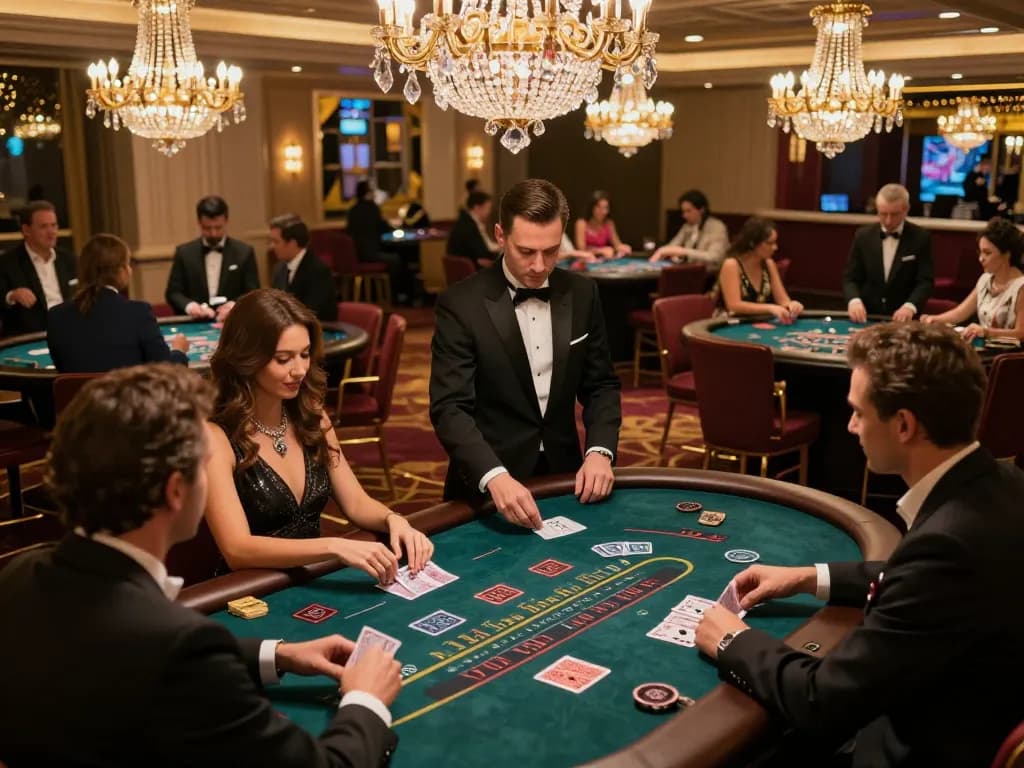 Players enjoying intense blackjack action on the casino floor at 11-hd, with dealers shuffling cards expertly and vibrant ambiance.