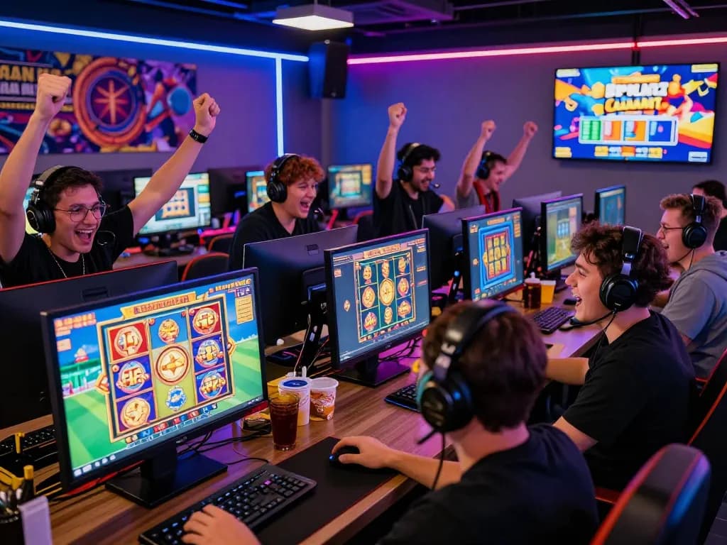 Players enjoying Barcaslot's thrilling digital games in a lively gaming lounge atmosphere.