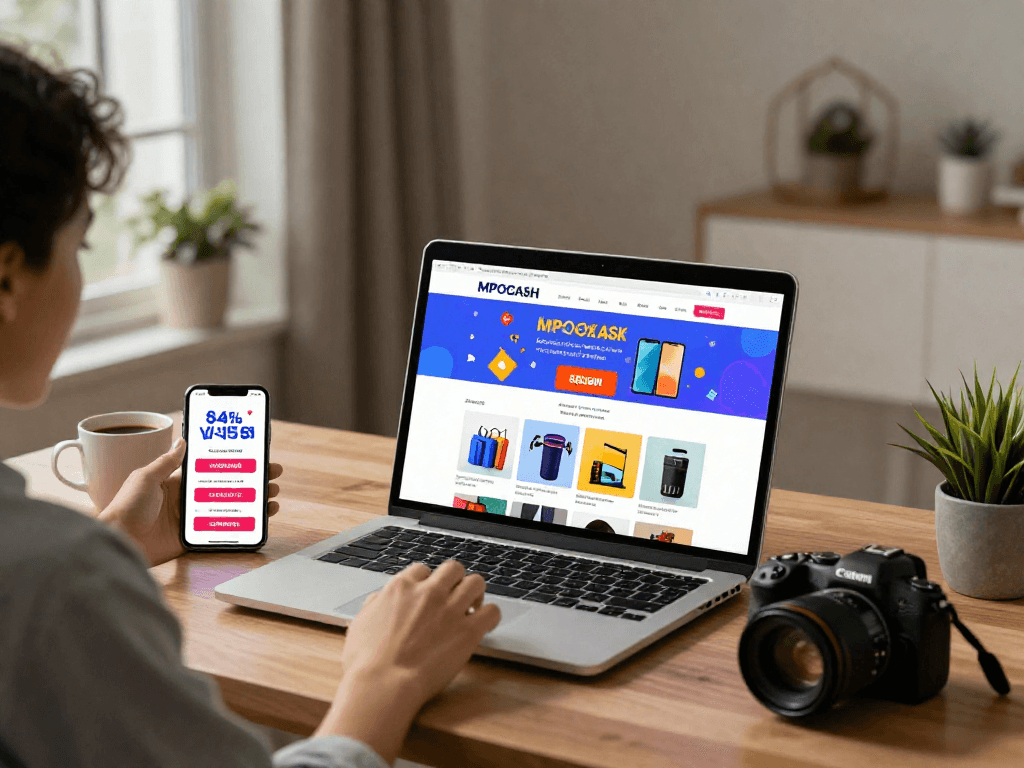 Engaging MPOCASH.blog shopping experience at a modern home office setup with vibrant promotions and colorful products.