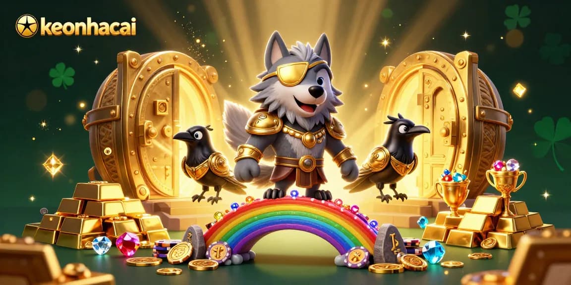 Bet on keonhacai's vibrant casino scene, featuring a 3D Odin wolf and shimmering treasures.