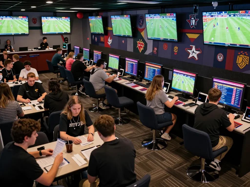 Live sports betting atmosphere showing real-time Tỷ Lệ Bóng Đá updates on multiple screens and enthusiastic bettors