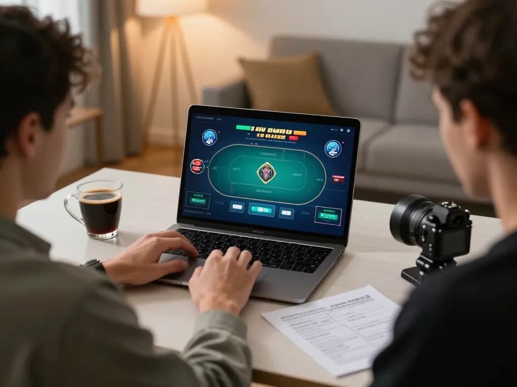 Engaging in đăng ký go99 as player strategizes online poker session at home.