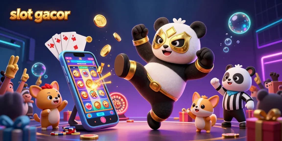 Slot gacor menampilkan panda pegulat terbang di tengah permainan kasino yang meriah