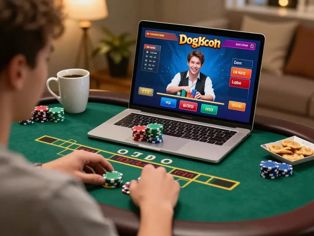 Engaging at a dynamic Dogecoin casino, player enjoying live dealer poker on a laptop.