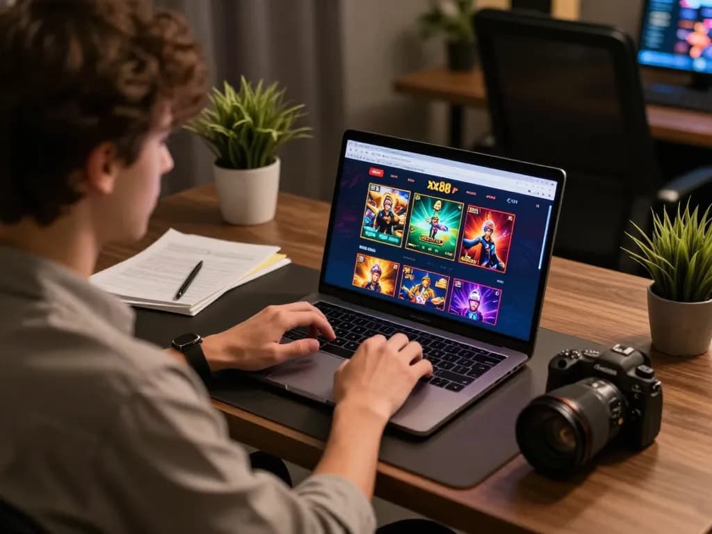 Player engaging in online casino gaming on xx88, showcasing a strategic setup with laptop and notes.