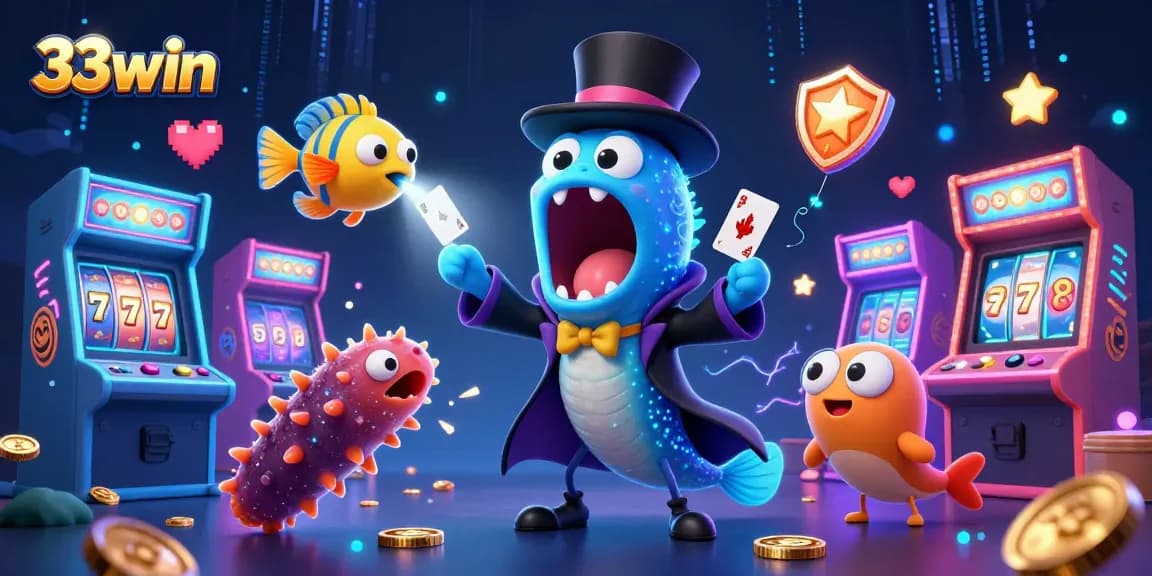 Experience exciting card tricks by 33win characters in a vibrant casino setting.