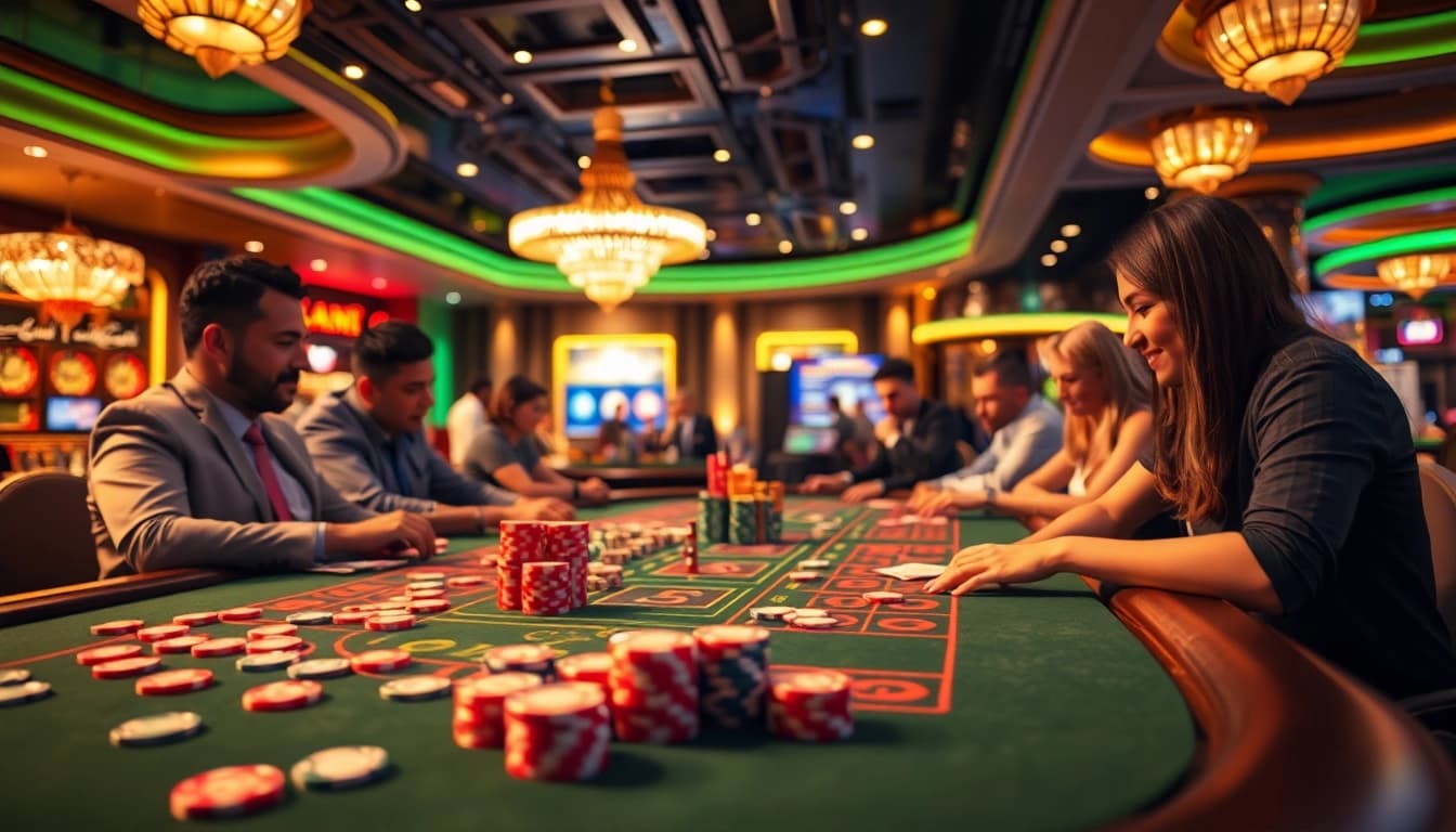 Experience the excitement of y3娱乐 with a vibrant casino table and lively players.