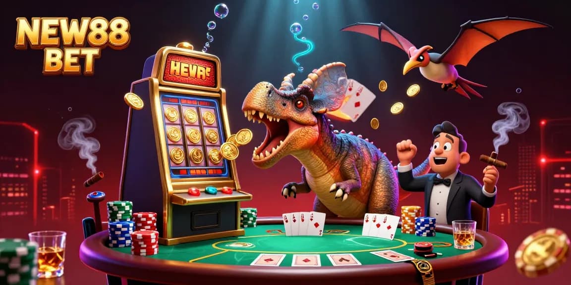 Catch flying coins with NEW88 BET as a pachycephalosaurus triggers a jackpot in a lively casino scene.