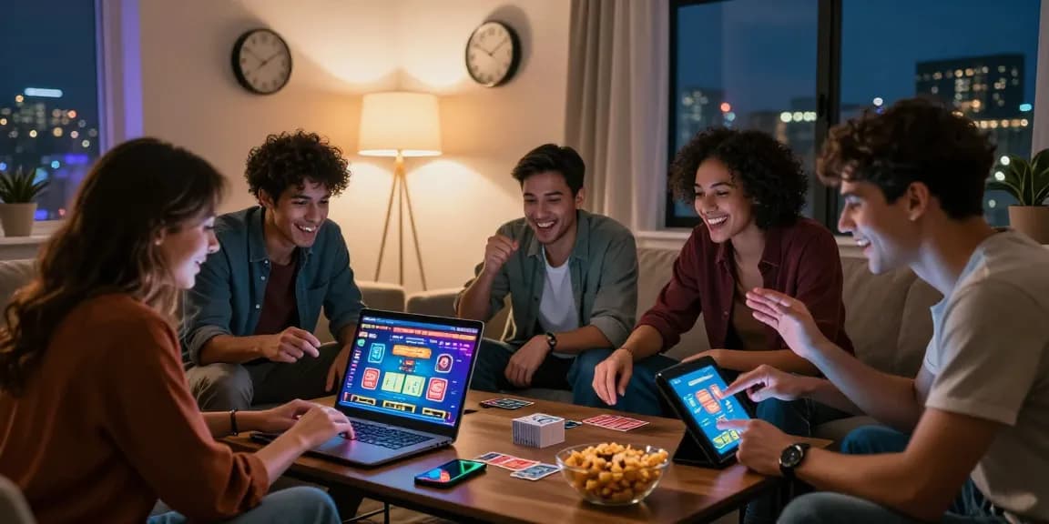 Friends enjoying an exciting gaming night at credit card casinos on https://dea.org.uk in a cozy living room.