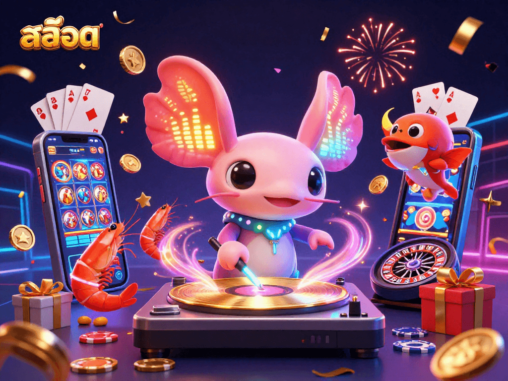 Spin the สล็อต reels surrounded by a vibrant 3D party atmosphere featuring an axolotl DJ and dancing sea creatures.