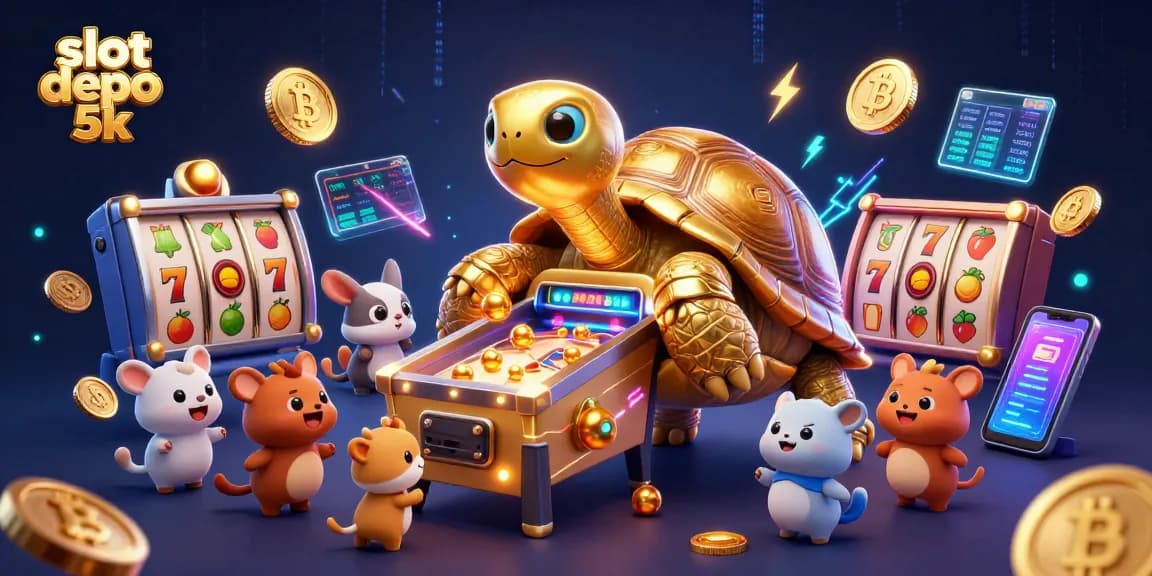 Play slot depo 5k with vibrant characters and dynamic game elements in a captivating casino scene.