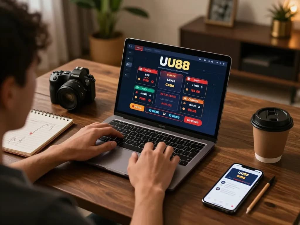 Engaging home gaming scene featuring a user betting on the UU88 platform on laptop amidst cozy decor.