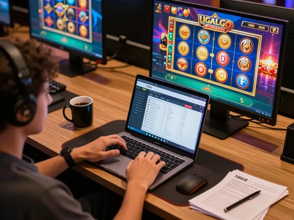 Engaged gambler using kathleenmartincoaching platform on a laptop for online gaming.