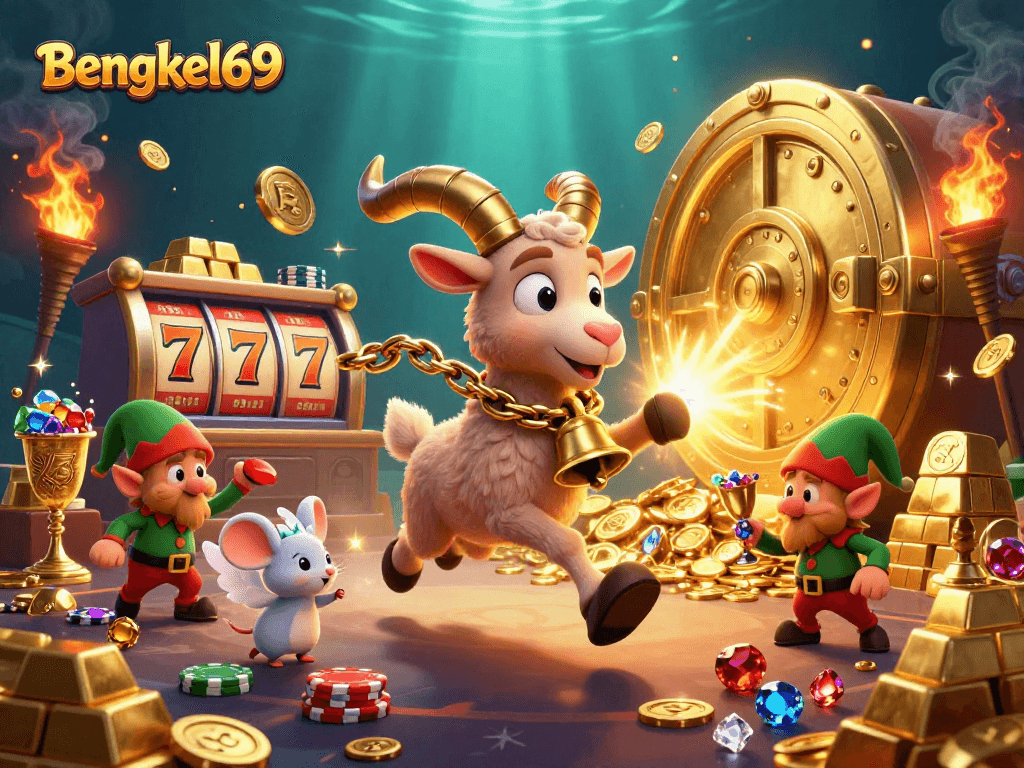Bengkel69 showcases a chaotic casino scene with festive Krampus and mischievous gremlins stealing chips.