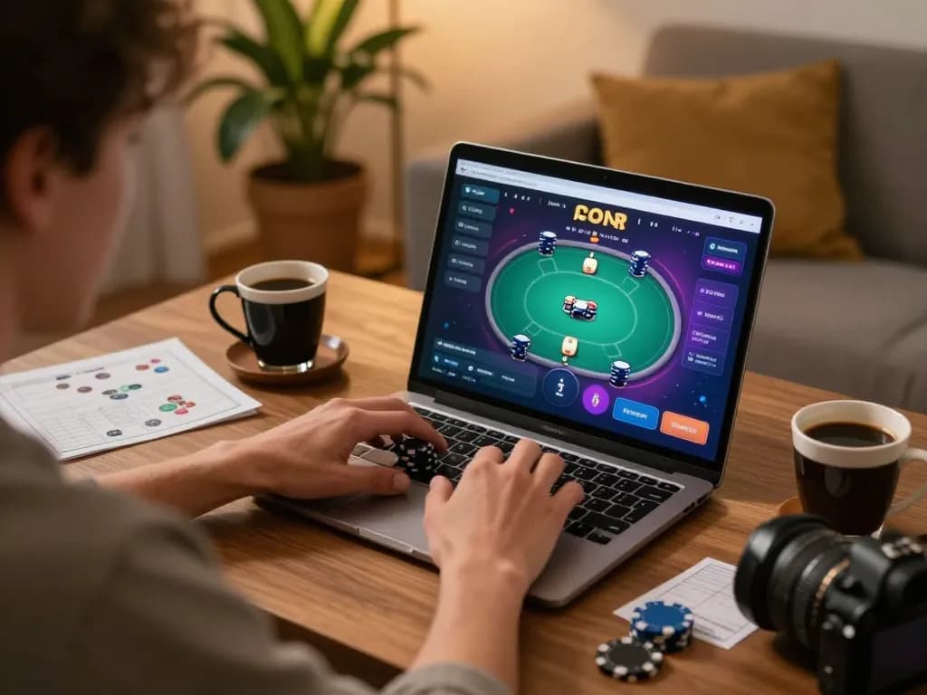 Play poker online at ko66 in a cozy home setup with laptop and strategy notes.