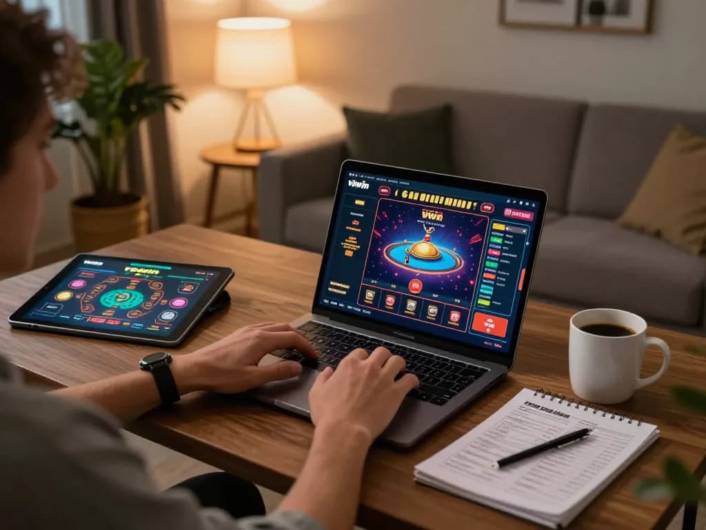 Engaging gameplay experience at vipwin with a player strategizing in a cozy home setting.