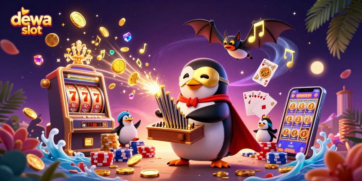Dewa slot spins to victory in a vibrant scene filled with coins, cards, and a playful penguin.