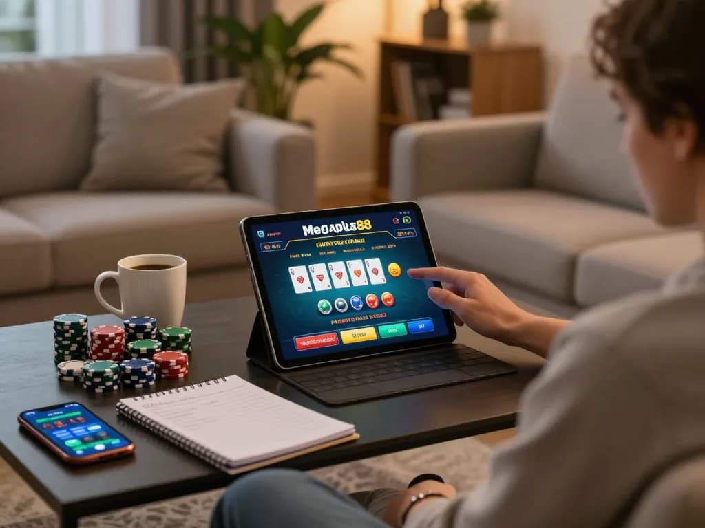Person enjoying online poker on megaplus88 app from a cozy home setting with tablet and strategy notes.