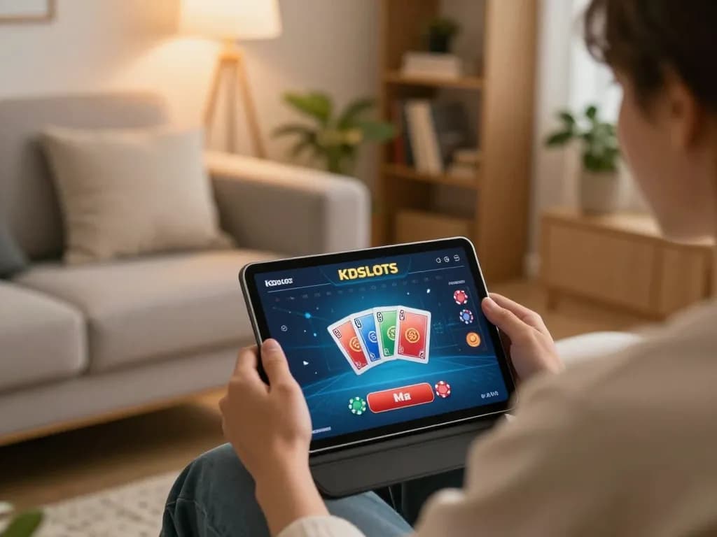 Player enjoying KDSLOT games on a tablet, showcasing strategic online gaming in a cozy home environment.