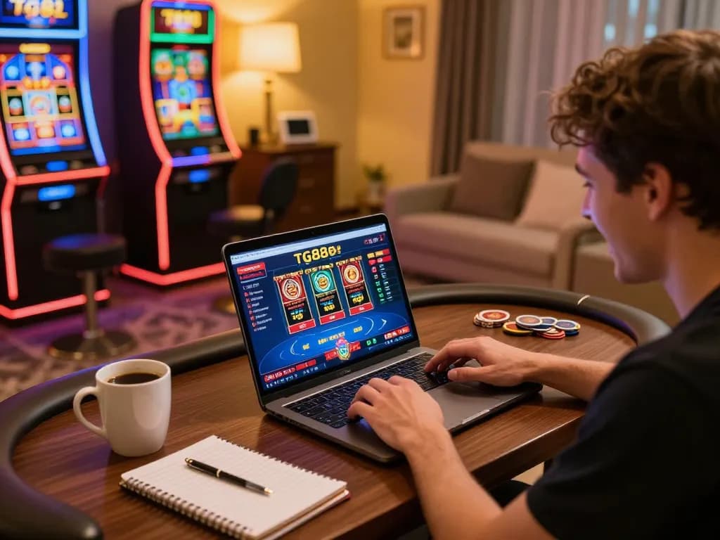 Person engaging with tg88 casino app on their laptop in a cozy home environment, showcasing online gaming.