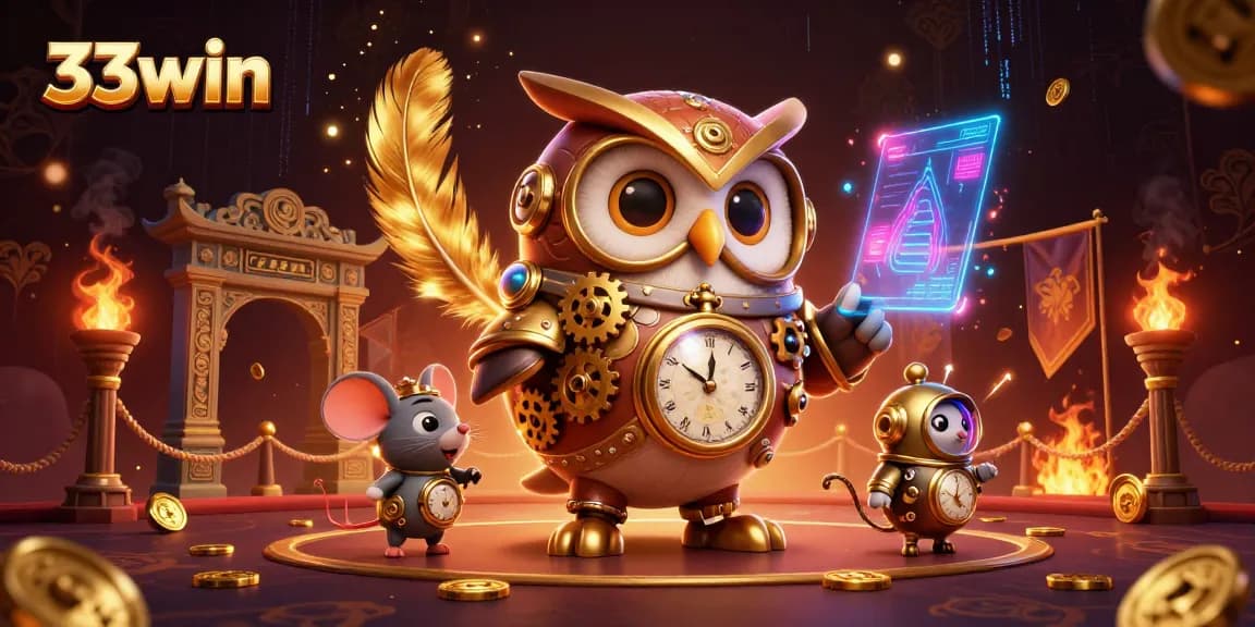 Experience thrilling gaming adventures with 33win, featuring a whimsical steampunk owl and casino elements.
