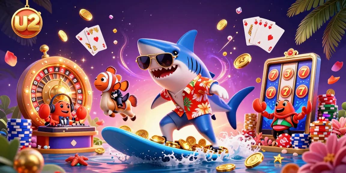 Engaging U2 online casino scene showcasing a shark, clownfish, and crab playing amidst golden coins and vibrant gambling elements.