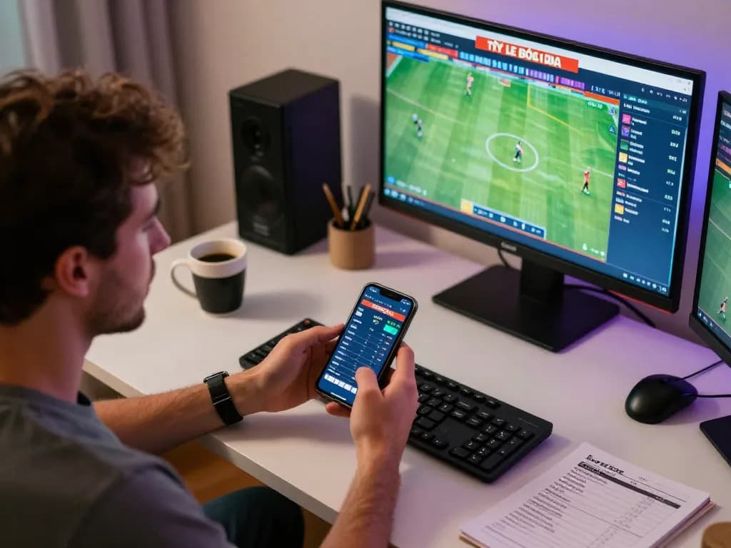 Tỷ Lệ Bóng Đá displayed on multiple screens during intense sports betting session at home.
