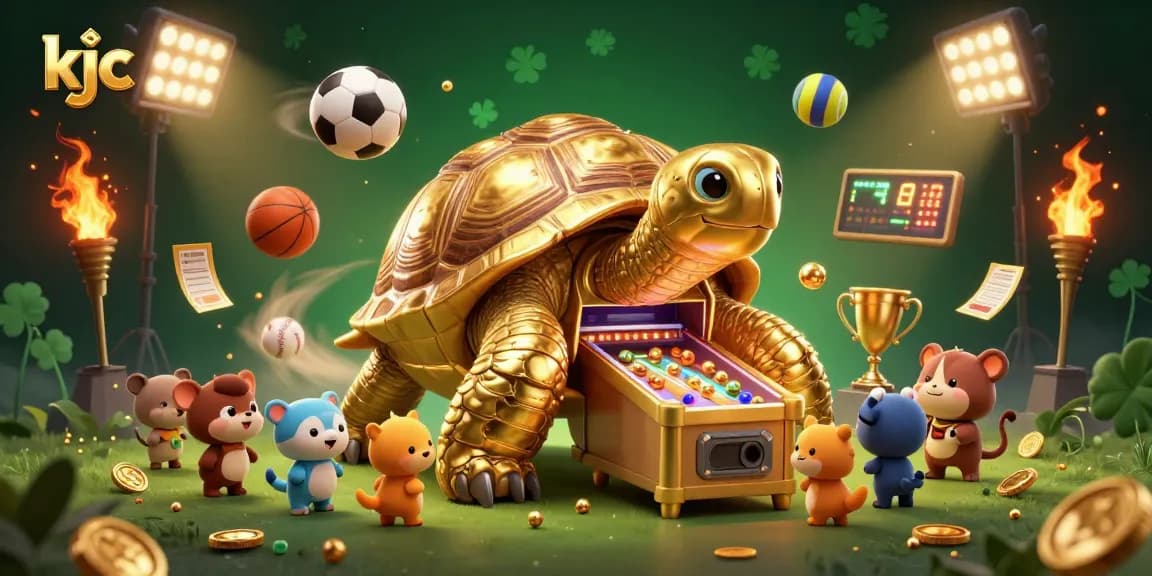 KJC attracts players with an exciting gambling experience illustrated by golden tortoises and vibrant sports elements.