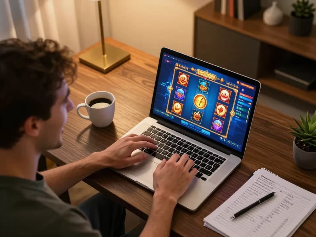 Engaging online gaming scene showcasing a player enjoying a bonus new member promotional slot game at home.