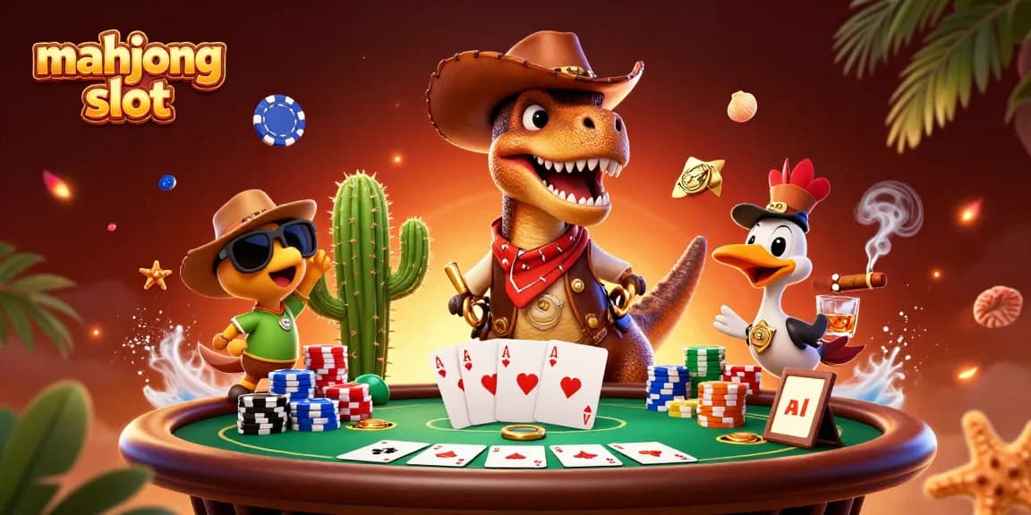 Spin big with mahjong slot as a T-Rex cowboy leads a dynamic poker scene packed with excitement.