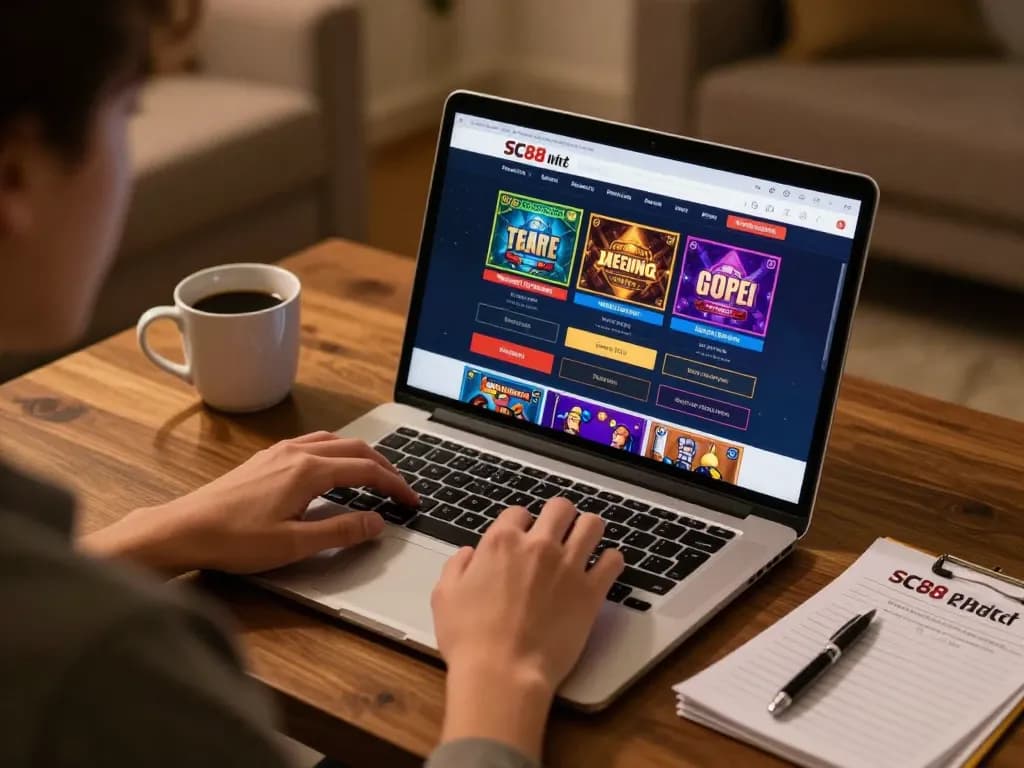 Experience online gaming on SC88 Market with a laptop showing vibrant gambling activities.