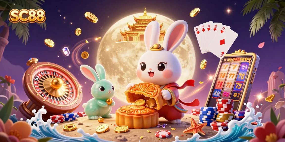 SC88 offers thrilling casino experiences with a captivating moon rabbit scene revealing poker chips.