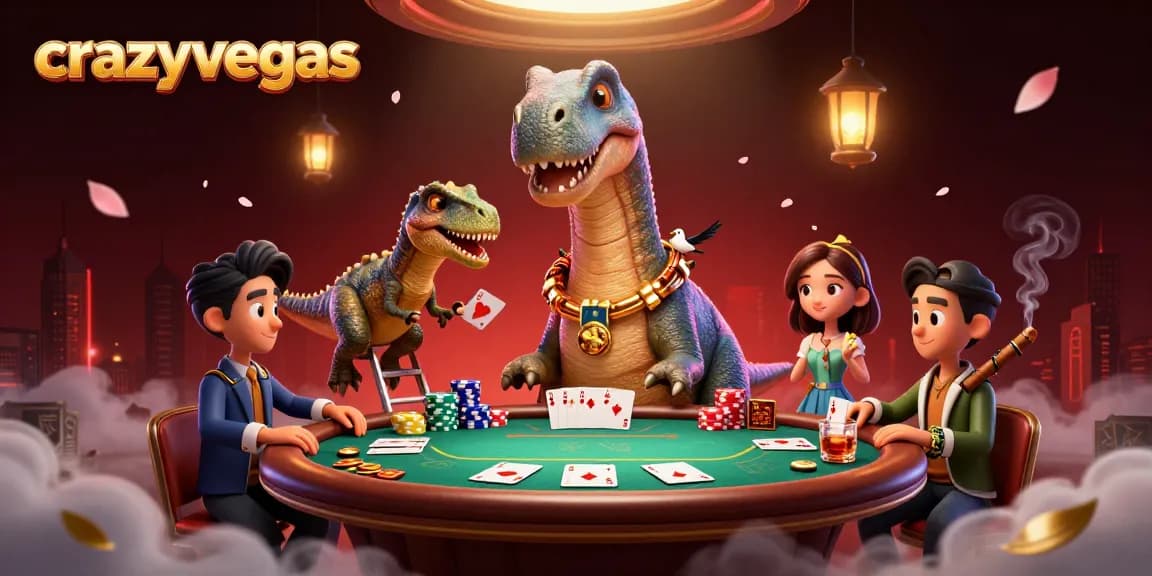 Experience the vibrant energy of crazyvegas with a whimsically dynamic casino scene featuring dinosaurs and poker.
