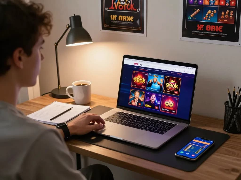 Engaged player using 99ok on a laptop for online casino games in a cozy setup.