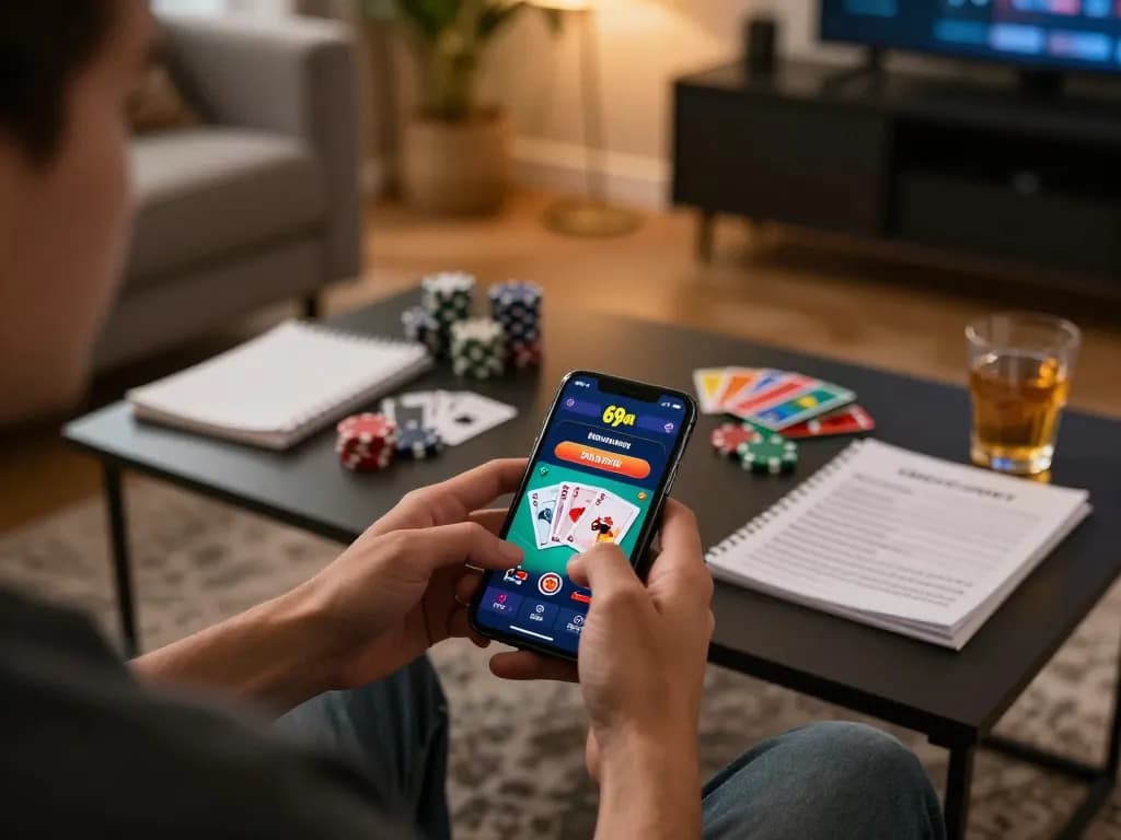 Engaging with the 69vn casino app in a cozy home setting, showcasing immersive online gaming