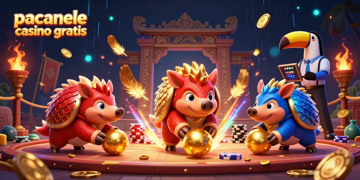 Păcănele casino gratis: Rivalitate captivantă între pangolini la un turneu de noroc, înconjurați de simboluri de câștig.