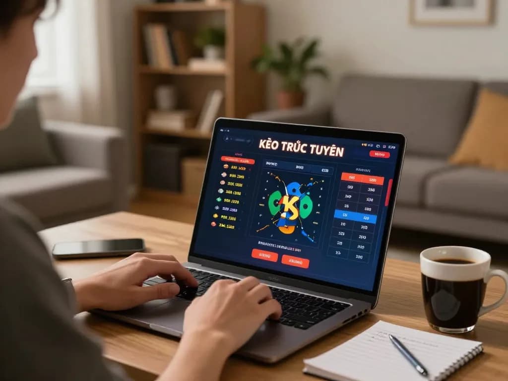 Person engaging with KÈO TRỰC TUYẾN odds interface on laptop in a cozy home setting.
